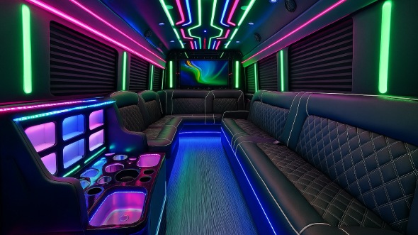 Interior of Manchester Party Bus Company's 50 Passenger Party Bus in Manchester